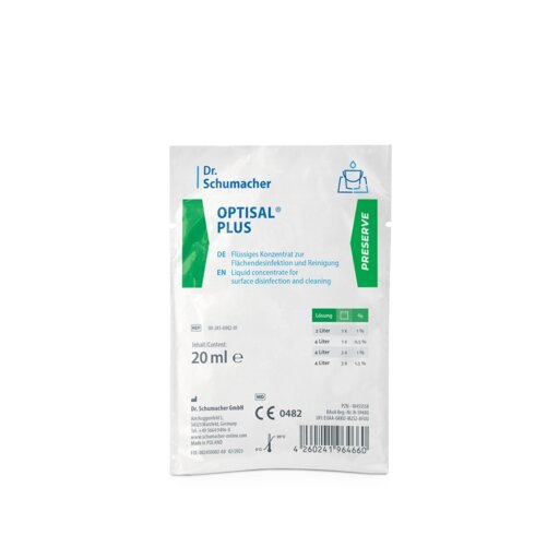 La bustina bianca da 20 ml “Dr. Schumacher Optisal® Plus Detergente disinfettante” della Dr. Schumacher GmbH, con dettagli verdi e blu, è destinata alla disinfezione delle superfici e contiene le istruzioni per l’uso in tedesco e in inglese.