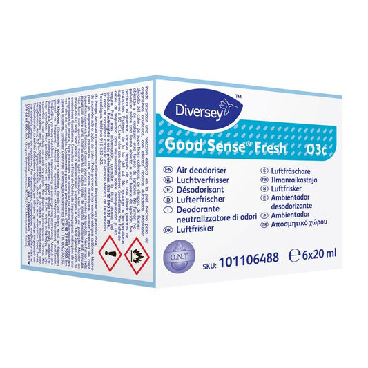 Eine Dose Good Sense Fresh Duftpatrone für das Good Sense Lufterfrischersystem (6 Stück) von Diversey Deutschland GmbH & Co. OHG, SKU 101106488, 6x20 ml, mit O.N.T.-Technologie für Fresh Scent und mehrsprachiger Beschriftung.
