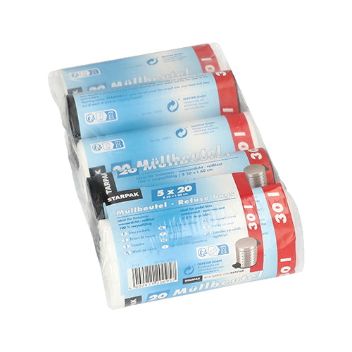 Die Starpak 100 Müllbeutel-Packung enthält 100 HDPE-Müllbeutel (30 l, 60 cm x 50 cm), farblich sortiert, mit Produktinformationen auf dem blauen und roten Etikett.