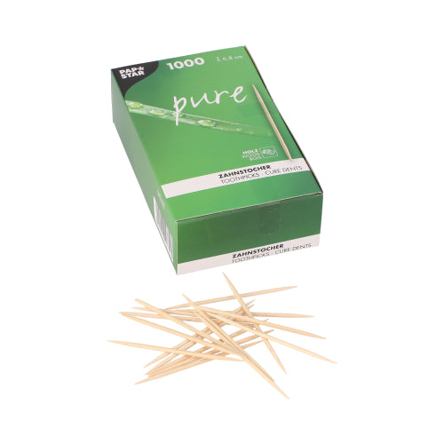 Eine grüne "pure" Schachtel mit der Aufschrift PAPSTAR Zahnstocher rund aus FSC-zertifiziertem Holz, 6,8 cm (1000 Stück) zeigt auf der Vorderseite verstreute Zahnstocher; die Verpackung enthält Produktinformationen in mehreren Sprachen.