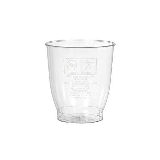 Ein transparentes 300 ml Trinkglas Crystallo der Duni GmbH aus bruchsicherem PS ist leer vor einem weißen Hintergrund abgebildet. Auf der Seite sind Recycling- und Kunststoffsymbole aufgedruckt. Verkauft in Packungen zu 30 Stück.
