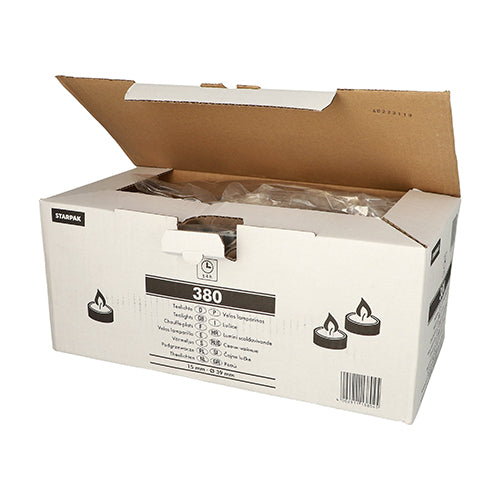 Ein weißer Displaykarton mit der Marke Starpak zeigt bei geöffnetem Deckel mehrere Teelichter. Auf dem Etikett steht „Starpak 380 Teelichter Ø 39 mm · 15 mm weiss“ und weist darauf hin, dass der Karton 380 Teelichter enthält.