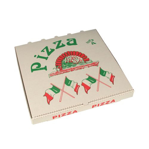 Die eckigen Pizzakartons 33x33 cm von PAPSTAR GmbH aus Cellulose zeigen die italienische Flagge und klassisches Design; im Schrumpfpack zu 50 Stück - perfekt für authentischen Pizza-Genuss.