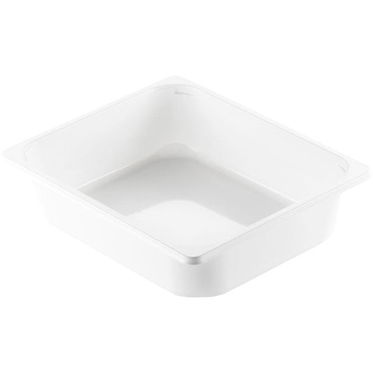 Die CPET-Schale 1/2 GN Weiß CPET 325x265 von Duni GmbH ist eine weiße, rechteckige Schale aus lebensmittelechtem CPET mit leicht abgerundeten Kanten und glatter Oberfläche, leer vor weißem Hintergrund gezeigt.