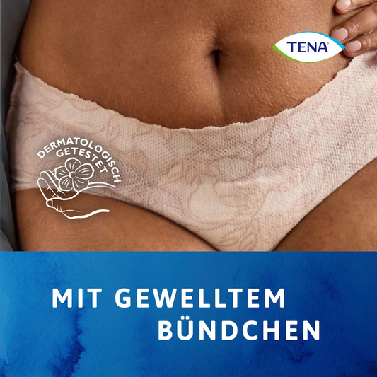 Eine Nahaufnahme zeigt jemanden, der TENA Silhouette Plus White Inkontinenzpants von TENA – Essity Germany GmbH trägt. Der Text lautet „Mit gewelltem Bündchen“ und „Dermatologisch getestet“, mit dem TENA Silhouette-Logo oben rechts.