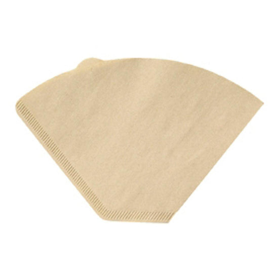 Ein einzelner, flacher, ungebleichter Braun Papier Kaffeefilter 1x4 (190x150 mm) der Duni GmbH für 1L-Kaffeemaschinen, mit konischer Form und geriffeltem Rand, abgebildet auf weißem Hintergrund. Die Packung enthält 200 Stück.