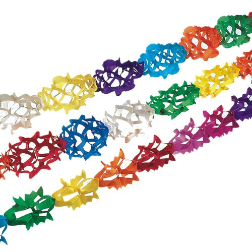 Die vier farbenfrohen PAPSTAR Papiergirlanden (4 m, 3 Stück) der PAPSTAR GmbH sind in den Farben rot, gelb, grün, blau, lila und weiß gehalten - die ideale Festtagsdekoration für jede Feier.