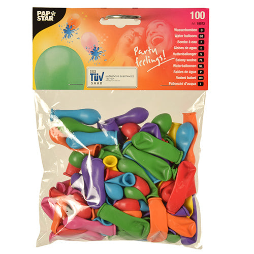 Ein durchsichtiger Kunststoffbeutel der PAPSTAR GmbH enthält 100 bunt sortierte PAPSTAR Luftballons, ideal für Wasserballons. Der Aufdruck "Party feelings!" krönt die Packung mit grünen, blauen, orangen, lila, pinken und gelben Luftballons - perfekt für Sommerpartys.