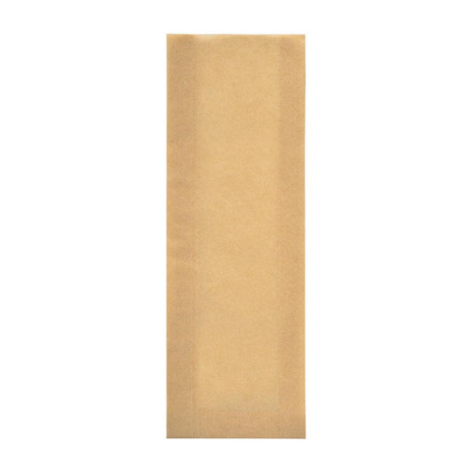 Eine rechteckige, braune Ovenbag tall Papier (105x40x320) von Duni GmbH ist unbenutzt vor einem weißen Hintergrund abgebildet. Die Tüte aus beschichtetem Papier hat eine glatte Oberfläche ohne Griffe oder Branding. Verkauft in Packungen mit 600 Stück.