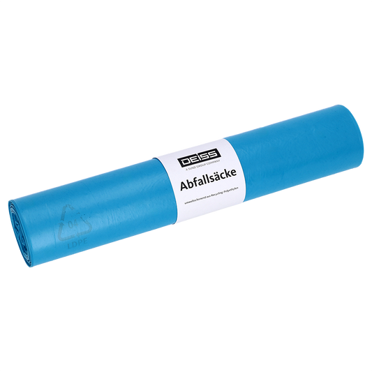 Eine Rolle DEISS 20017 blaue Müllsäcke (700x1100 mm, Typ 70, 25 Stück) von EMIL DEISS KG (GmbH + Co.), mit einem weiß-schwarzen "Abfallsäcke"-Etikett, ideal für die professionelle Abfallentsorgung, auf weißem Hintergrund.