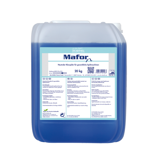 Ein 20 kg Kunststoffbehälter Dr. Schnell MAFOR N 1 Klarspüler für Geschirrspülmaschinen von DR.SCHNELL GmbH & Co. KGaA, blaue Flüssigkeit, deutsches Etikett, für gewerbliche Geschirrspülmaschinen, sorgt für streifenfreien Glanz auf dem Geschirr.