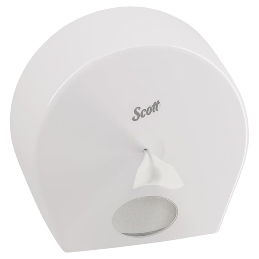 Der Scott® Control™ Toilettenpapierspender (Weiß, Jumbo) von Kimberly-Clark GmbH verfügt über ein durchsichtiges Fenster an der Unterseite, das die Rolle zeigt, und spendet einzelne Blätter hygienisch aus der vorderen Öffnung.