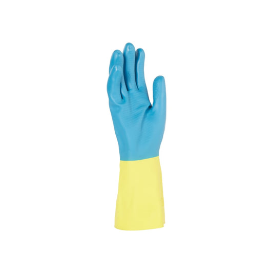Ein einzelner KleenGuard® G80 Neopren-Chemikalienschutzhandschuh (30 cm, Gelb & Blau) von Kimberly-Clark GmbH ist aufrecht vor weißem Hintergrund zu sehen.