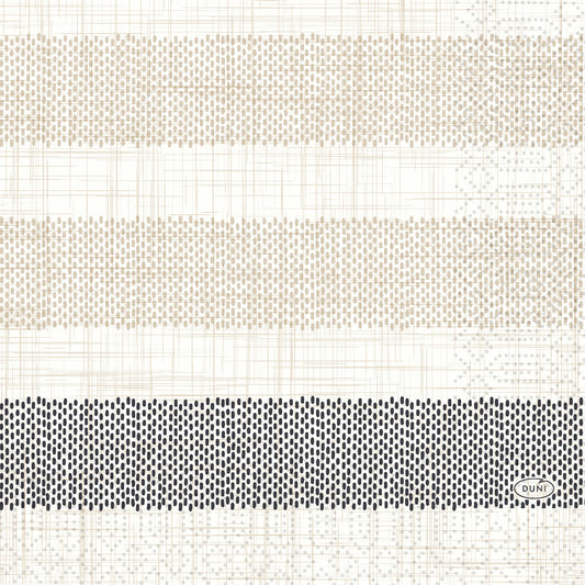 Ein weißer Hintergrund mit drei horizontalen Streifen aus beigen und schwarzen Punkten, dünnen Gitterlinien und einem kleinen ovalen "DUNI"-Logo präsentiert die Duni GmbH Zellt.-Servietten 33x33 cm, 3-lagig, Rigato schwarz - Packung mit 50 Servietten.