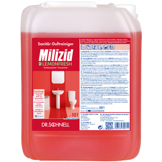 Ein 10-Liter-Gebinde von Dr. Schnell MILIZID LEMONFRESH der DR.SCHNELL GmbH & Co. KGaA, einem kraftvollen Sanitärreiniger-Konzentrat mit Zitronenduft, zeigt ein rotes Etikett mit Produktangaben sowie Abbildungen einer Toilette und eines Waschbeckens.
