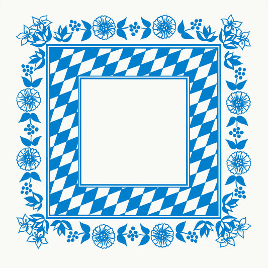 Die Dunicel Mitteldecke 84x84 cm von Duni GmbH zeigt ein blau-weißes Bayerische Raute-Muster mit blauen Blumenakzenten am Rand, ideal für das Oktoberfest, und wird in einer 100er-Packung geliefert. Die Mitte ist blanko für den vielseitigen festlichen Einsatz.