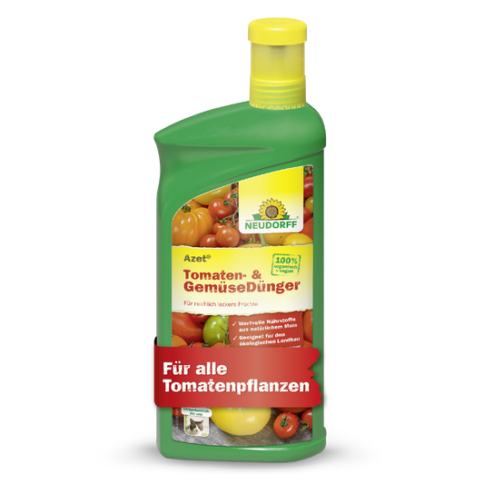 Eine grüne Flasche Neudorff Shop Azet Tomaten- & GemüseDünger flüssig, ein Flüssigdünger perfekt für Tomaten und Balkongemüse. Auf dem Etikett sind Tomaten, Gemüse und ein roter Schriftzug abgebildet: "Für alle Tomatenpflanzen.