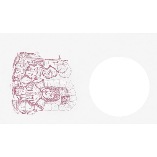 Eine Strichzeichnung zeigt einen Koch an einer Küchentheke mit Lebensmitteln, Utensilien und Dunicel-Lätzchen 40x60cm für Kinder - Speisender Ritter Design (Duni GmbH), links von einem großen leeren weißen Kreis auf einfarbigem Hintergrund. Packung mit 500 Stück.