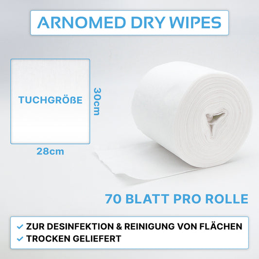 Abgebildet ist eine weiße Rolle ARNOMED DRY WIPES der ARNOWA GmbH. Jede Rolle hat 70 Blätter (30 x 28 cm), perfekt für die Oberflächenreinigung und zum Einweichen mit Desinfektionsmittel.