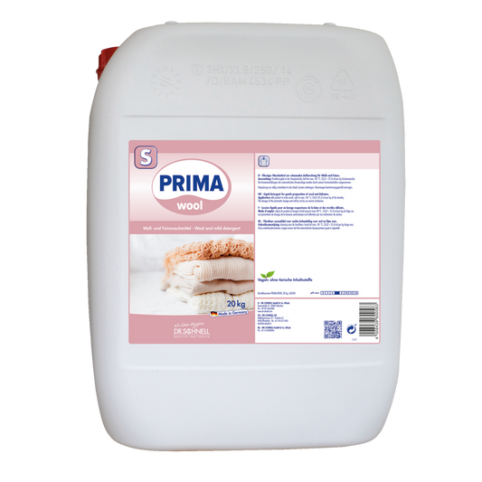 Ein weißer 20 kg Kanister Dr. Schnell PRIMA WOOL Flüssiges Waschmittel für Wolle und Feines von DR.SCHNELL GmbH & Co. KGaA, reinigt hygienisch Wolle und Feines mit Produktinformation und Anwendungshinweisen auf dem Etikett.