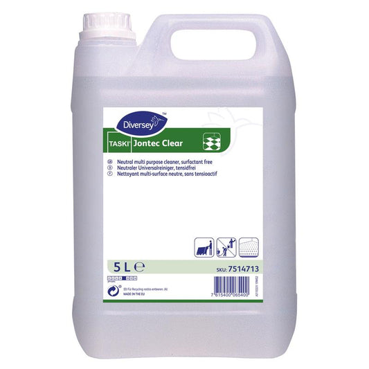 Ein 5-Liter-Kunststoffbehälter mit TASKI Jontec Clear Reiniger für Hartbeläge von Diversey Deutschland GmbH & Co. OHG, pH-neutral. Der durchscheinende Behälter verfügt über einen weißen Deckel, einen weißen Tragegriff und ein blau-grün-weißes Etikett.