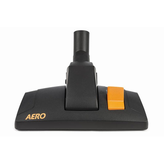 Eine schwarze TASKI AERO Kombi-Rollendüse 32mm Bodendüse von Diversey Deutschland GmbH & Co. OHG, mit gelbem "TASKI AERO" auf der linken Seite und einem großen orangefarbenen Knopf auf der rechten Seite, dargestellt auf weißem Hintergrund.