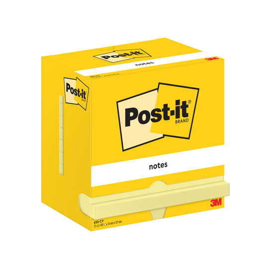 Eine gelbe Schachtel Post-it® Notes von 3M Deutschland GmbH, 76 mm x 127 mm, 100 Blatt pro Block, 12 Blöcke pro Packung, Farbe gelb, mit Kartonverpackung und 100% PEFC-Zertifizierung (SGSCH-PEFC-COC-110078).