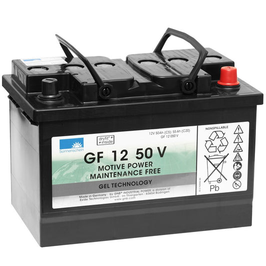 Der Diversey Deutschland GmbH & Co. OHG Batterie-Traktionsblock ist eine rechteckige, schwarz-graue 12V/50Ah wartungsfreie Gelbatterie mit Tragegriffen, Produktetiketten, technischen Daten, Sicherheitssymbolen und Recycling-Informationen auf der Seite.