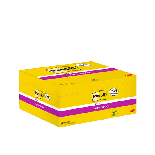 Eine gelbe Post-it® Super Sticky Notes Box (76 x 127 mm, 90 Blatt/Block, 14+2 frei), von 3M Deutschland GmbH, PEFC-zertifiziert (SGSCH-PEFC-COC-110078), ungeöffnet und auf weißem Hintergrund abgebildet.