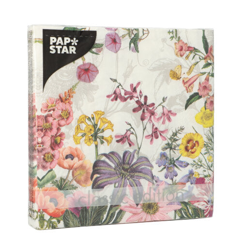 PAPSTAR 20 Servietten, 33x33 cm, 3-lagig, 1/4-Falz Design Set 4 von PAPSTAR GmbH mit farbenfrohen Illustrationen von Blumen und grünem Blattwerk auf weißem Untergrund verleihen jedem gedeckten Tisch Eleganz.