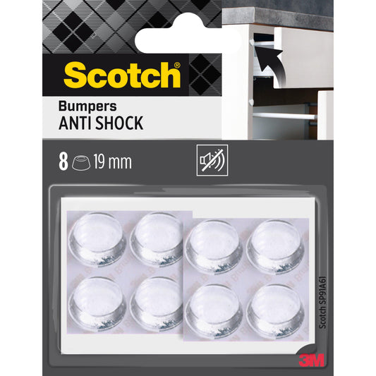 Eine Einzelhandelspackung Scotch® Stoßabsorbierende Elastikpuffer, selbsthaftend, transparent (8 klare runde Puffer, 19 mm) der 3M Deutschland GmbH, abgebildet mit Produktbranding und einem Puffer auf einer Schranktür.