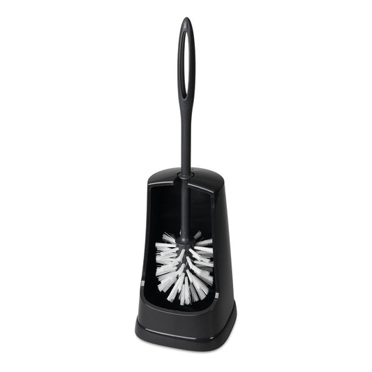 Die Nölle Profi Brush WC-Garnitur, Ständerform, unmontiert aus Regranulat (1 Stück) von Nölle Profi Brush Bürsten- & Pinseltechnik e.K. verfügt über einen schwarzen Halter und eine Bürste mit weißen Borsten, perfekt für die effektive Toilettenreinigung.