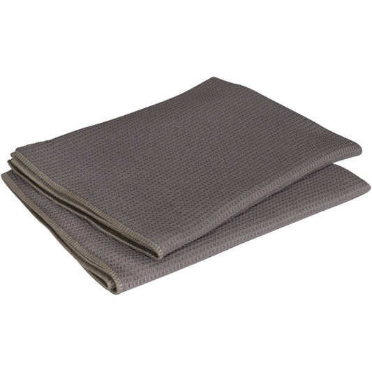 Ein ENA Grey Platin Geschirrtuch von Abena Re-Seller GmbH aus grauer Mikrofaser (50x80 cm, 2er Pack) liegt gefaltet auf einer schlichten weißen Fläche.