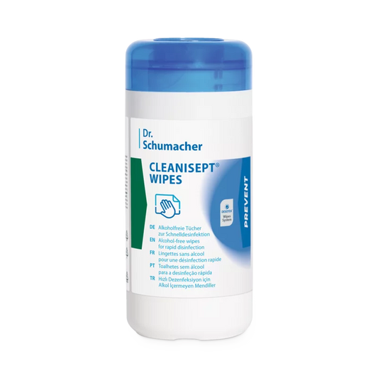 Ein weißer zylindrischer Behälter mit blauem Deckel und der Aufschrift "Dr. Schumacher Cleanisept Wipes Schnelldesinfektion" der Dr. Schumacher GmbH enthält alkoholfreie Tücher für die Schnelldesinfektion von Oberflächen.