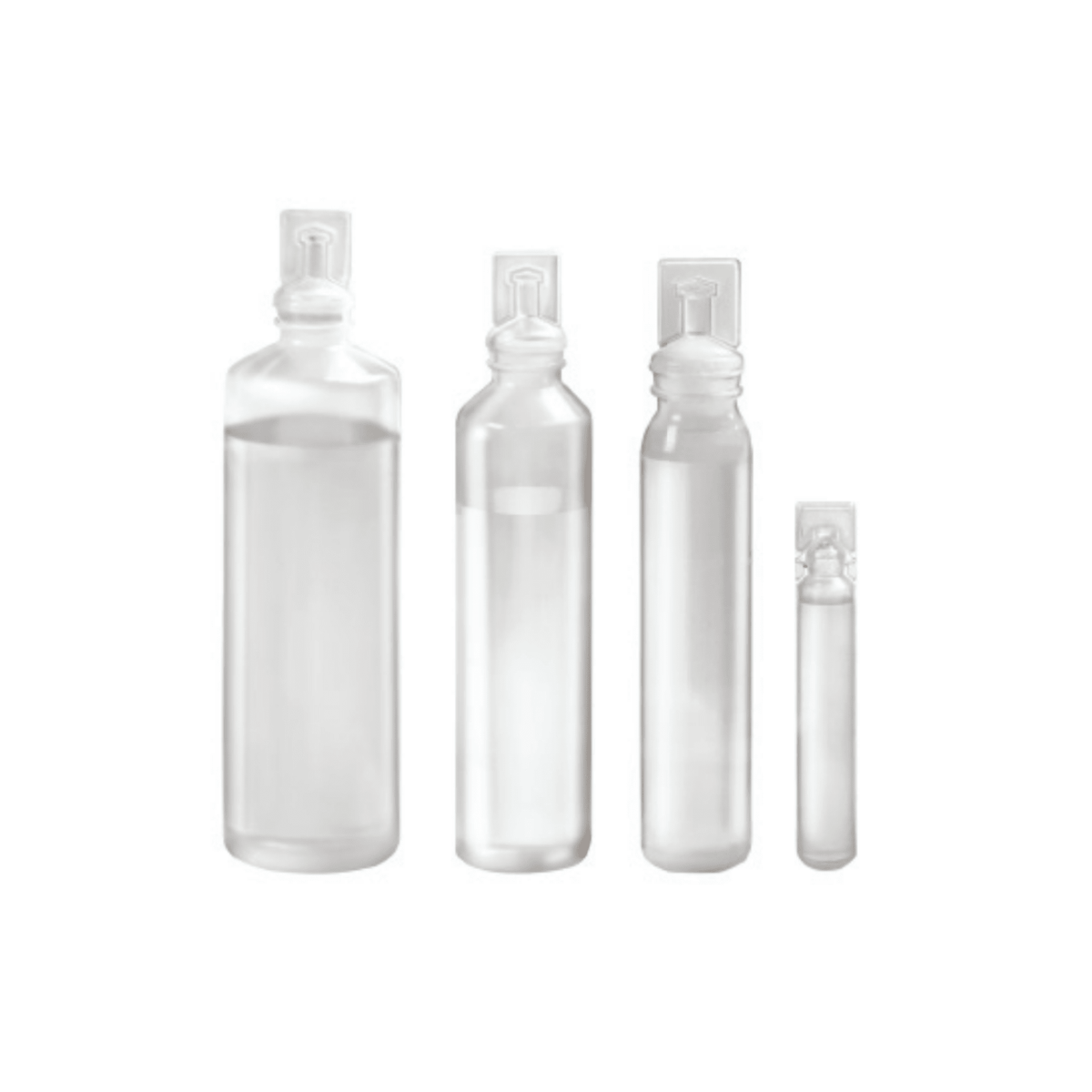 Quatre transparents B. Braun NaCl 0,9 % Ecolav® Solution de rinçage topique – flacons, fabriquée par B. Braun Deutschland GmbH & Co. KG, sont disposées en rangée, de la plus grande à la plus petite. Chaque flacon est conçu pour contenir une solution de NaCl à 0,9 % et est muni d'un bouchon plat scellé au design minimaliste, sans étiquette ni marquage visible.