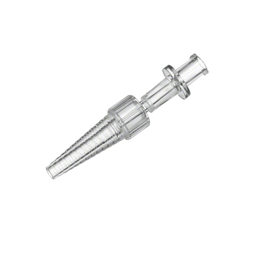 Der B. Braun Stufenkegel mit Lock-Ansatz weiblich, steril, von B. Braun Deutschland GmbH & Co. KG, ist ein transparenter Kunststoffanschluss mit konischem Ende und gerippter Oberfläche für die Schlauchbefestigung. Er verfügt über einen weiblichen Luer-Lock-Anschluss und einen kleinen Flansch für sicheren Sitz in medizinischen oder Laboranwendungen, ist latexfrei und für zusätzliche Sicherheit steril verpackt.