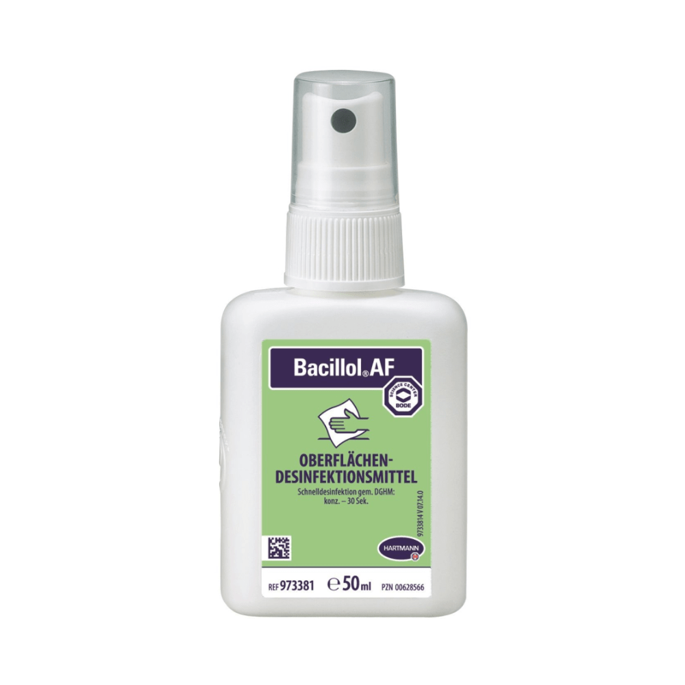 Una bottiglia di BODE Bacillol® AF, spray disinfettante per superfici. Si tratta di un flacone da 50 ml di colore bianco con scritte viola e verdi, che indicano che si tratta di un disinfettante per superfici prodotto dalla Paul Hartmann AG.