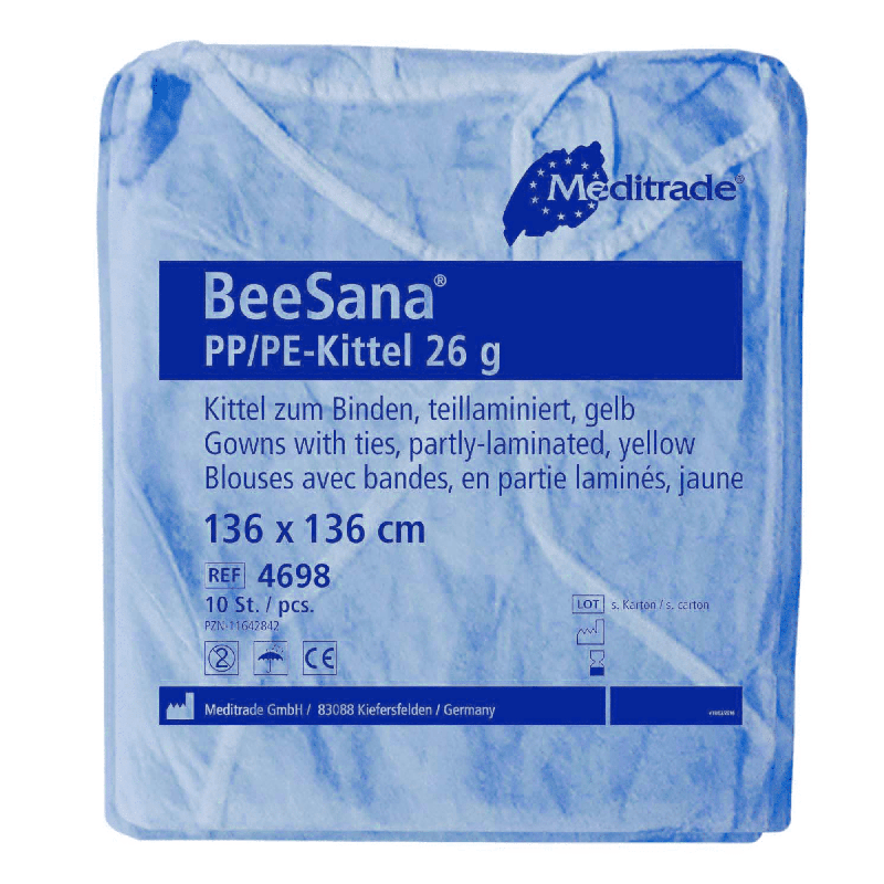 Un camice Meditrade BeeSana® in PP/PE da 26 g, confezionato in una confezione blu da 10 pezzi, con etichetta recante informazioni sul prodotto quali materiale, colore, taglia e quantità per confezione. Questo camice è concepito come indumento protettivo.
