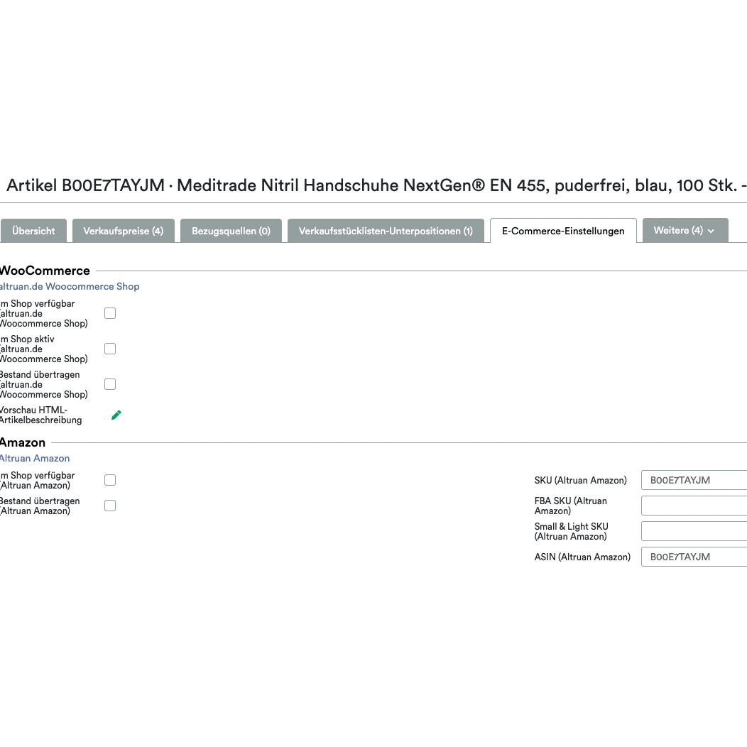 Screenshot of an Altruan UnitTable Sync: Weclapp Packaging Units and Bill of Materials Generator interface showing the listing details of Meditrade Nitrile Gloves NextGen EN 455. Size and quantity are provided. Also visible are marketplace details.