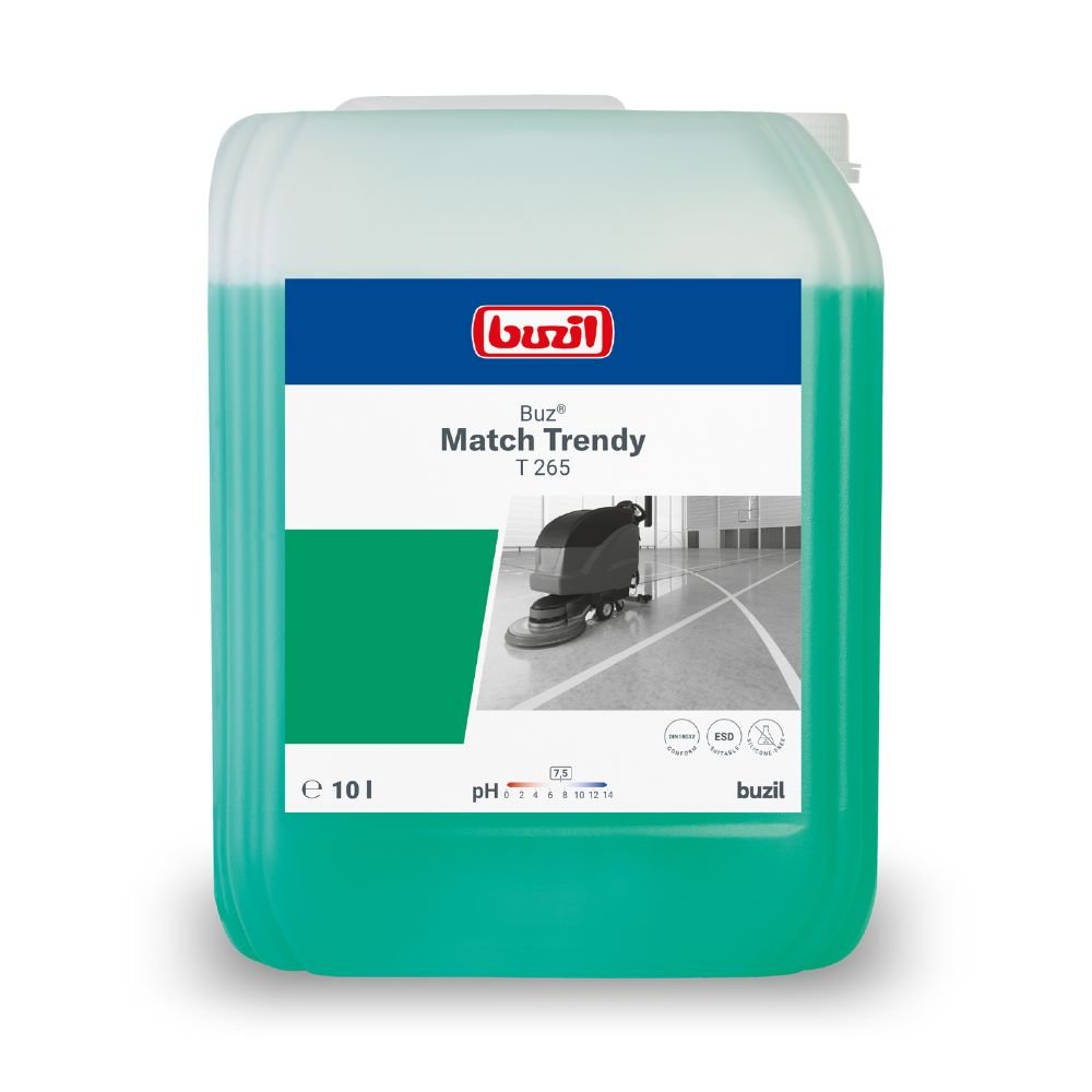 Un bidon de 10 litres de « Buzil Buz® Match Trendy T 265 Nettoyant neutre pour machines automatiques » de la société BUZIL-WERK Wagner GmbH & Co. KG est muni d'une étiquette verte comportant des symboles environnementaux, un indicateur de pH et des consignes d'utilisation. L'illustration d'une machine de nettoyage des sols souligne la grande compatibilité avec les matériaux, ce qui permet de l'utiliser comme nettoyant neutre pour machines.