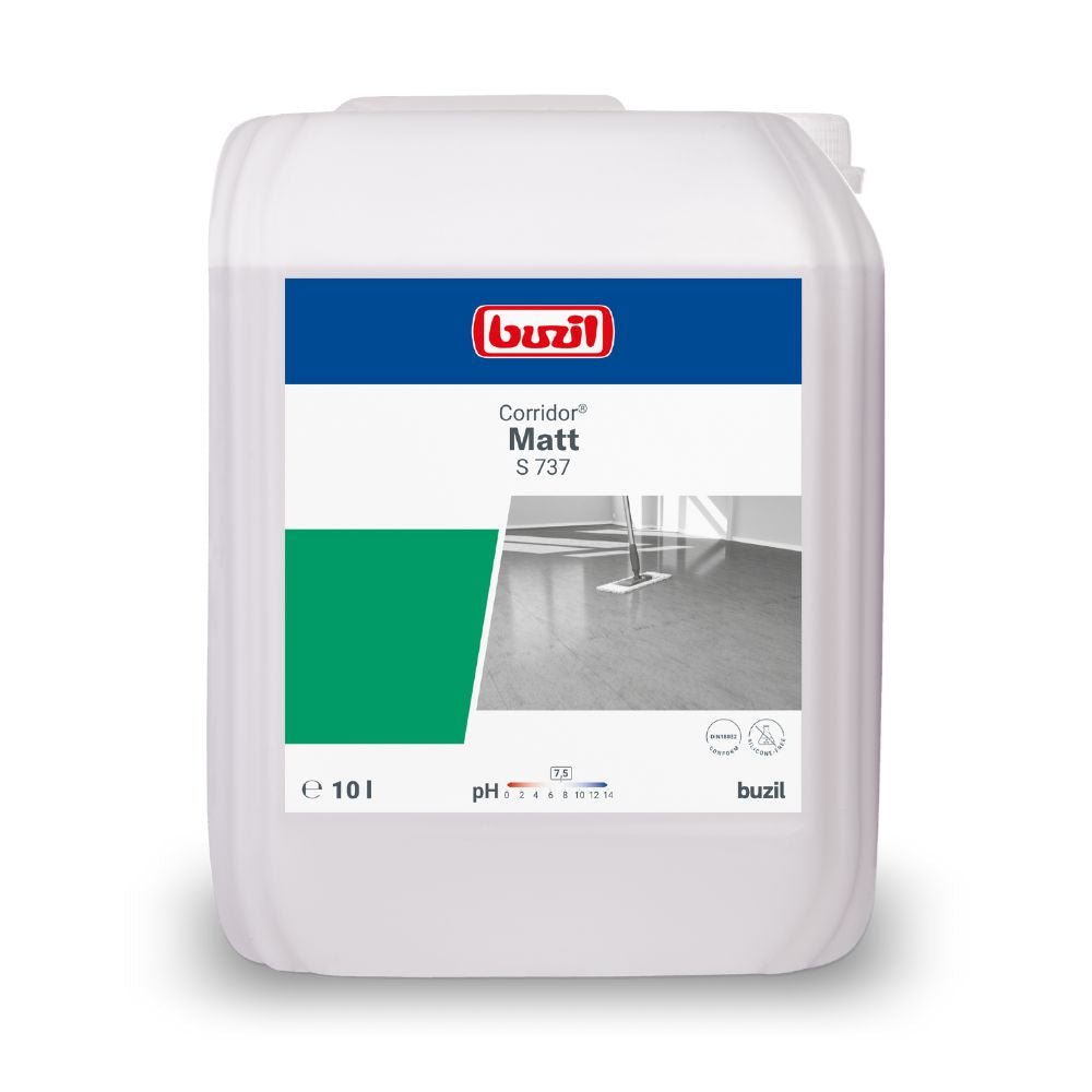 Un bidon de 10 litres de la dispersion « Seidenmatte » Buzil Corridor® Matt S 737, fabriquée par BUZIL-WERK Wagner GmbH & Co. KG, est orné sur son étiquette d’une finition semi-mate. On y trouve le logo de la marque, le nom du produit ainsi qu’une illustration de revêtements de sol ; des éléments graphiques en vert et en gris viennent compléter le design.