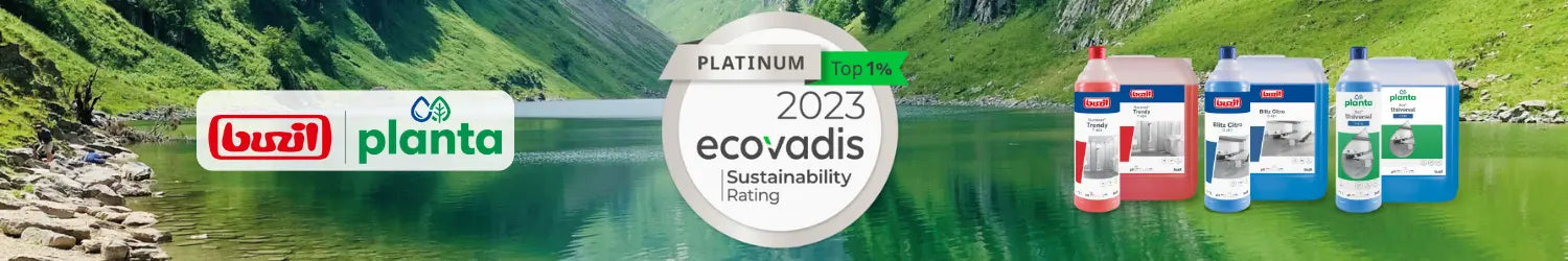 Nachhaltigkeits-Banner mit dem Buzil Planta Logo, einer Ecovadis-Platin-Auszeichnung 2023 (Top 1 %), und fünf verschiedenen Reinigungsmittel-Kanistern vor einer grünen Berglandschaft mit See. Die Darstellung betont Umweltfreundlichkeit und nachhaltige Reinigungslösungen.