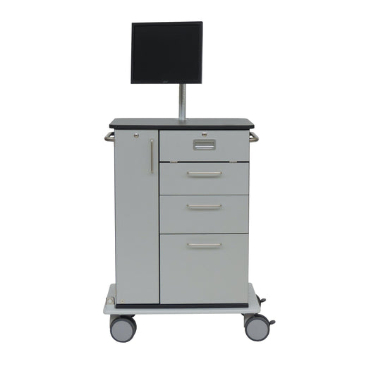 Der Novocal Computerwagen Modell III verfügt über drei Schubladen, einen Schrank, Metallgriffe, eine flache Monitorfläche und einen nach vorne verschiebbaren Tastaturauszug mit Muschelgriff - ideal, um den Computerarbeitsplatz zu organisieren. Packung: 1 Stück.