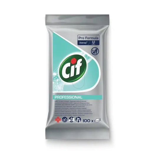 Eine silber- und tealfarbene, wiederverschließbare Packung Cif Professional Allweck-Reinigungstücher (100 feuchte Einmal-Tücher) von Diversey Deutschland GmbH & Co. OHG ist ungeöffnet auf weißem Hintergrund abgebildet und zeigt antibakterielle und professionelle Reinigungssymbole.