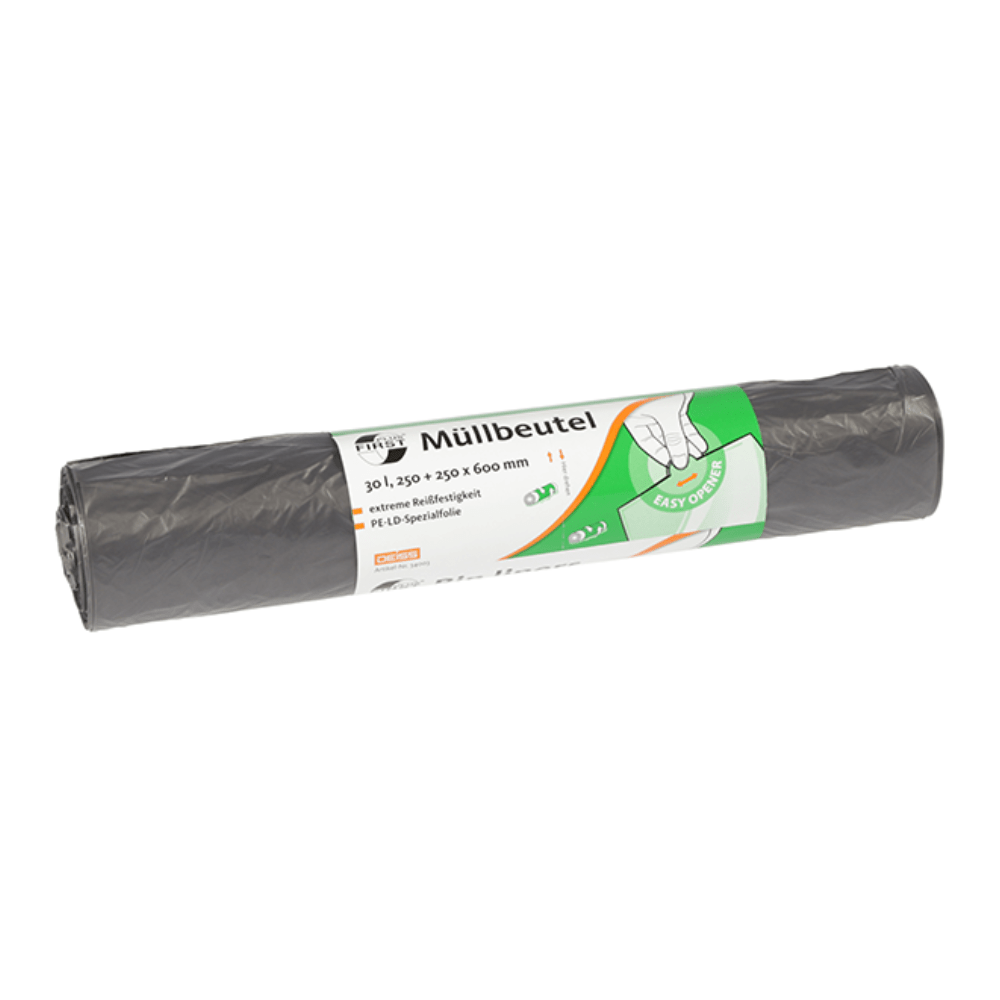 Un rotolo di sacchetti per rifiuti grigi DEISS 34003 della EMIL DEISS KG (GmbH + Co.) presenta un’etichetta con i simboli di riciclaggio e le informazioni sul prodotto in lingua tedesca relative ai sacchetti da 30 litri. L’etichetta misura 250 + 250 x 600 mm e riporta l’immagine di una mano che illustra il design «Easy-Opener» per uno svuotamento agevole.