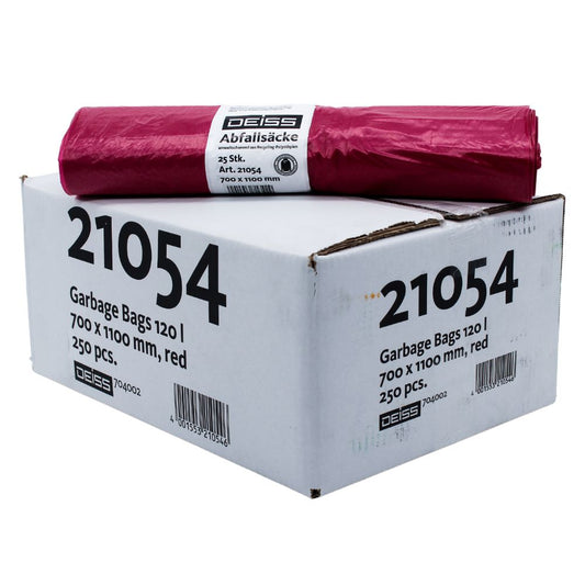 In einem weißen Karton mit der Aufschrift „21054“ befindet sich ein Premiumpack mit 250 DEISS Abfallsäcken in der Farbe Rot mit den Maßen 700 x 1100 mm aus recyceltem LDPE. Darauf liegt fein säuberlich ein gerolltes Bündel der EMIL DEISS KG (GmbH + Co.).