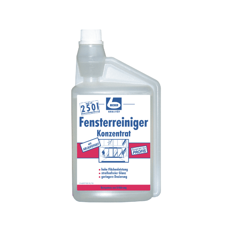 Une bouteille Dr. Becher Nettoyant pour vitres concentré - 1 litre de Dr. Becher SARL. Le flacon transparent, orné d'une étiquette blanche, comporte un texte en allemand et l'illustration d'une fenêtre en cours de nettoyage – idéal pour des vitres sans traces. Le bouchon blanc est doté d'un embout pointu facilitant l'application.
