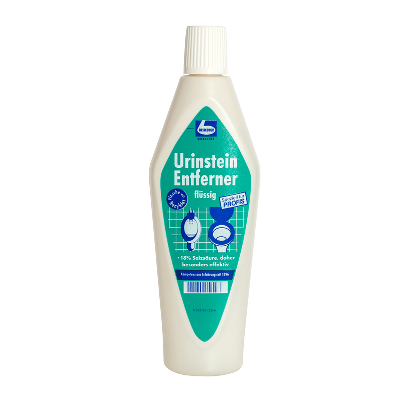 Une bouteille Dr. Becher Le « Urinstein Entferner », un détartrant liquide à base d'acide chlorhydrique à 18 %, conçu pour le nettoyage des installations sanitaires telles que les toilettes et les urinoirs, a été testé sur
