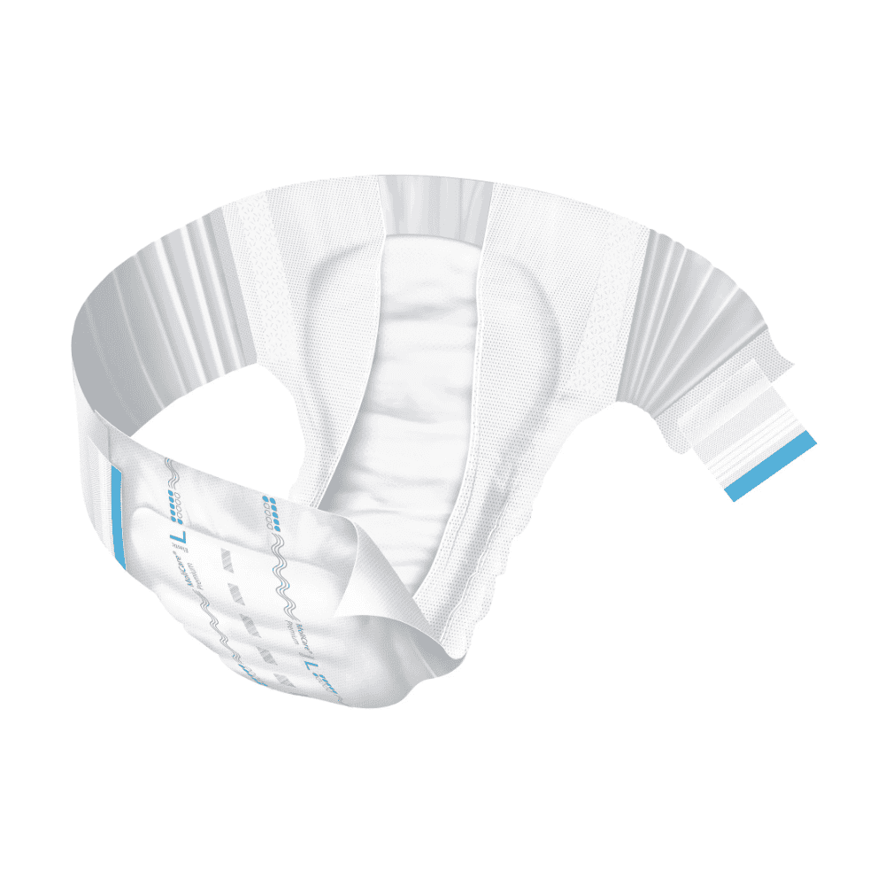 Un pannolone per adulti della linea Hartmann MoliCare® Premium Elastic della Paul Hartmann AG, con un design bianco e blu, è raffigurato in una disposizione sinuosa su sfondo bianco, in modo da evidenziarne le caratteristiche di assorbenza e flessibilità.