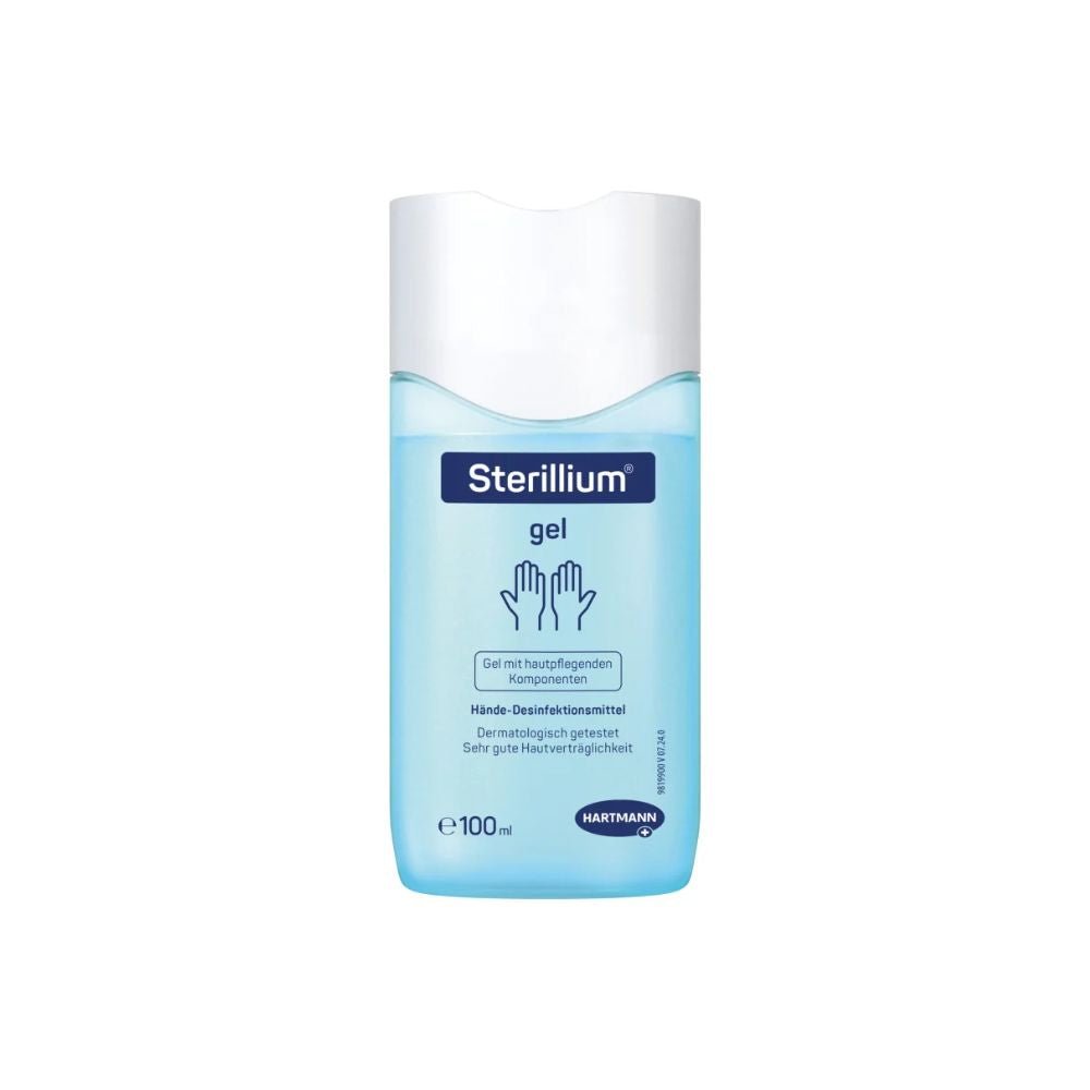 Il gel disinfettante per le mani Hartmann Sterillium® della Paul Hartmann AG è caratterizzato da un’etichetta blu con delle mani contornate di bianco e un testo che ne descrive la formulazione delicata sulla pelle. Il flacone da 100 ml è ideale per la disinfezione igienica delle mani e garantisce protezione quando si è in giro.